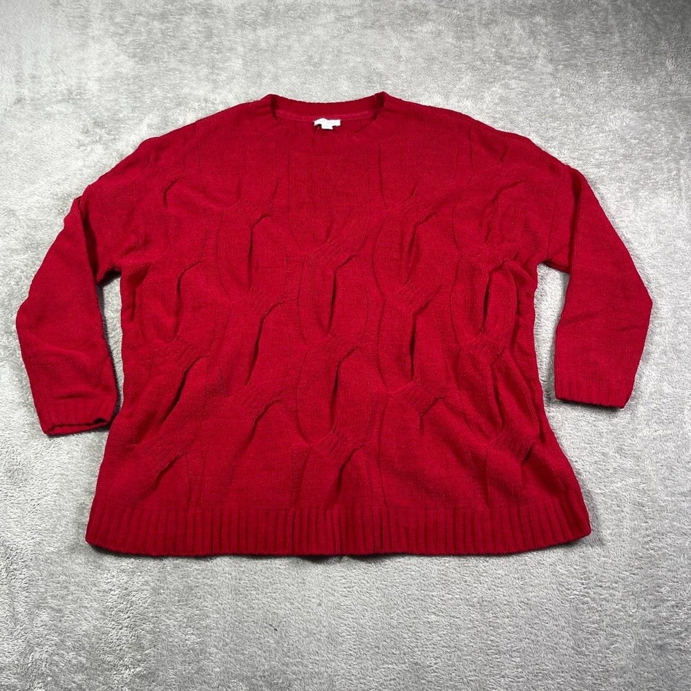 J. Jill Chenille Cable Knit Pullover Sweater Women's Medium Red Cozy Warm Xmas‎